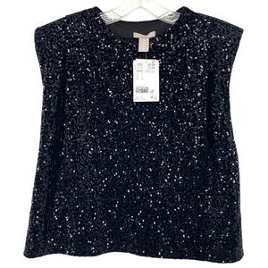 H&M Black Sequin Boxy Shoulder Pad Tank Top New
